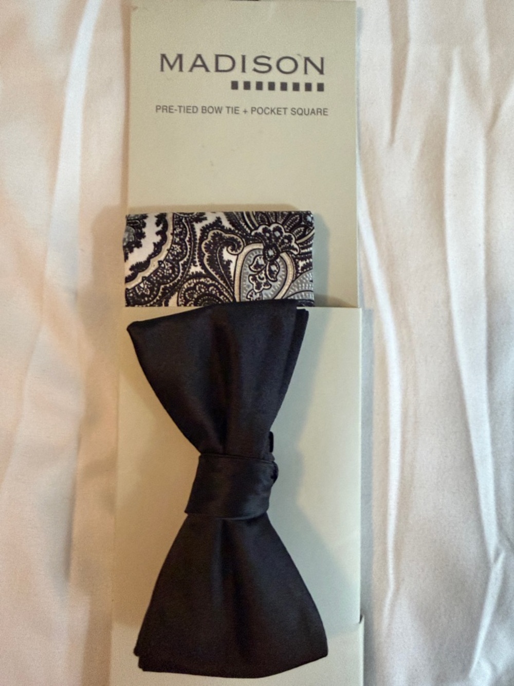 Madison Black Bow Tie with Black & White Paisley Pocket Square